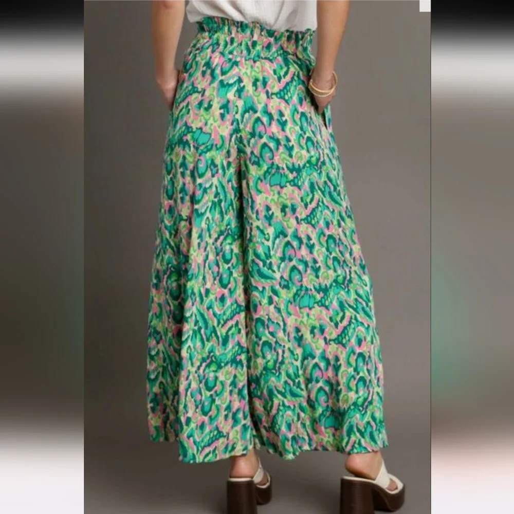 Umgee Pink Green Mixed Print High Waist Wide Leg Pants - Size: L NWT - Picture 4 of 4